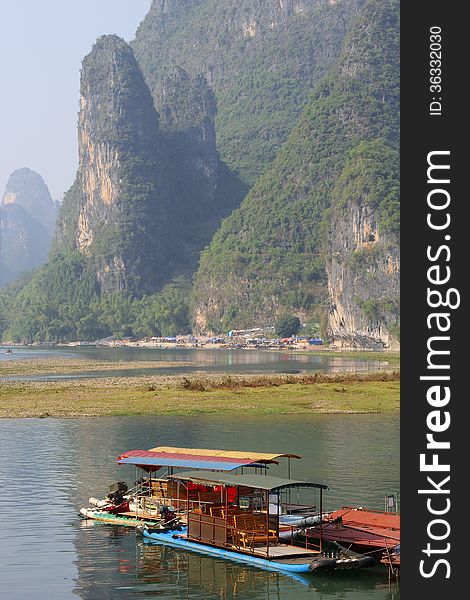 Rafting Boats In Karst Mountains,Yangshuo,China