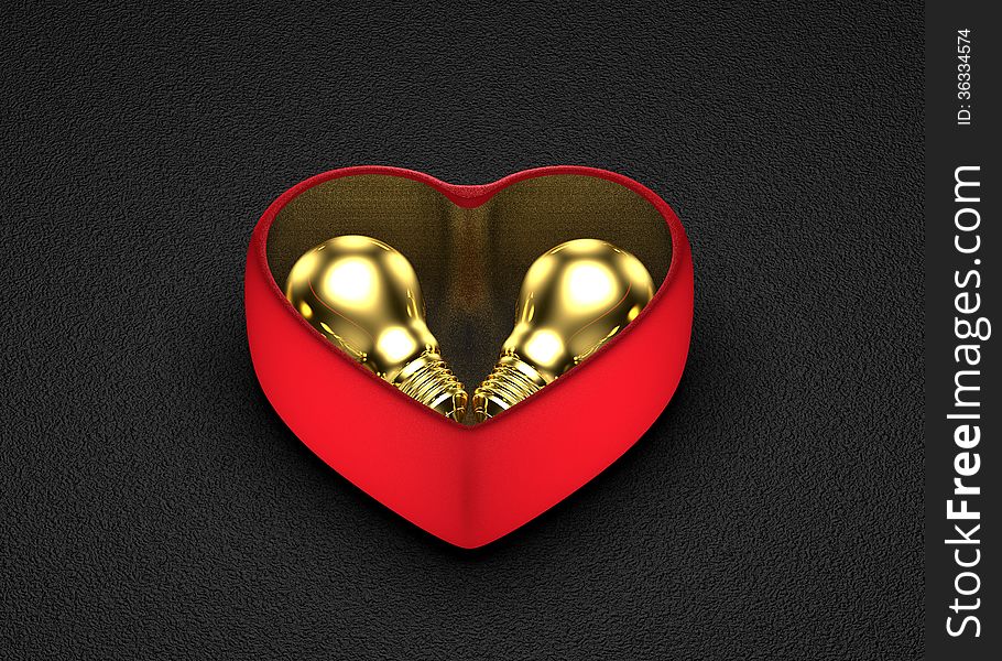 Golden ideas for present in Saint Valentine's Day. Golden light bulbs in red heart-shaped box on dark background. Golden ideas for present in Saint Valentine's Day. Golden light bulbs in red heart-shaped box on dark background