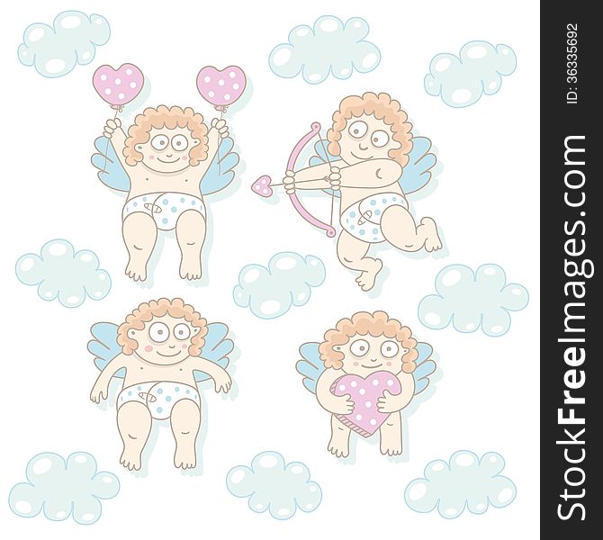 Set funny cartoon cupids, vector illustration. Set funny cartoon cupids, vector illustration.