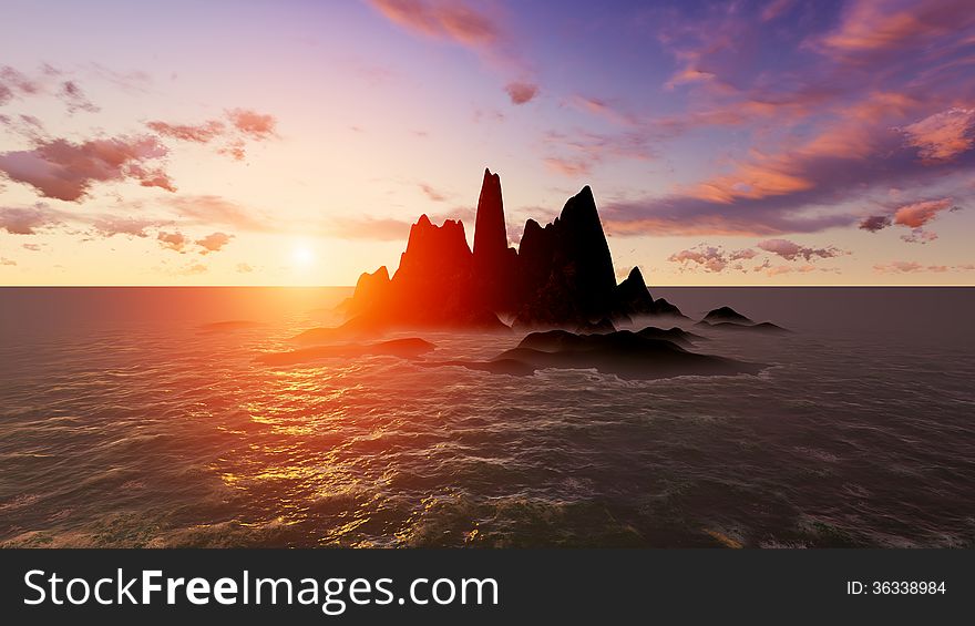 High quality render of a Rocky Island at the sunset. High quality render of a Rocky Island at the sunset