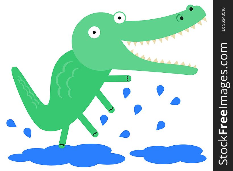 Illustration of an alligator playing in puddles. Illustration of an alligator playing in puddles