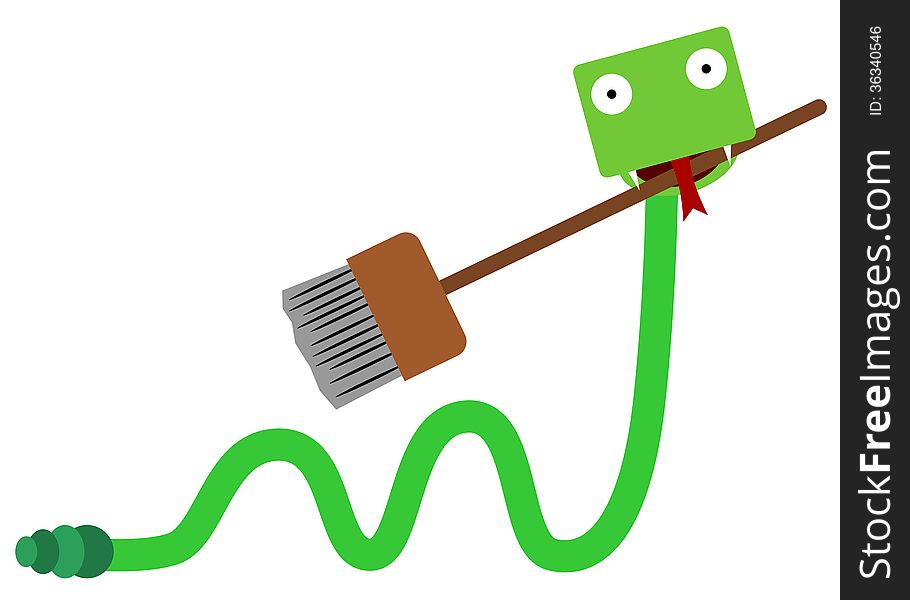 A cartoon illustration of a snake with a broom