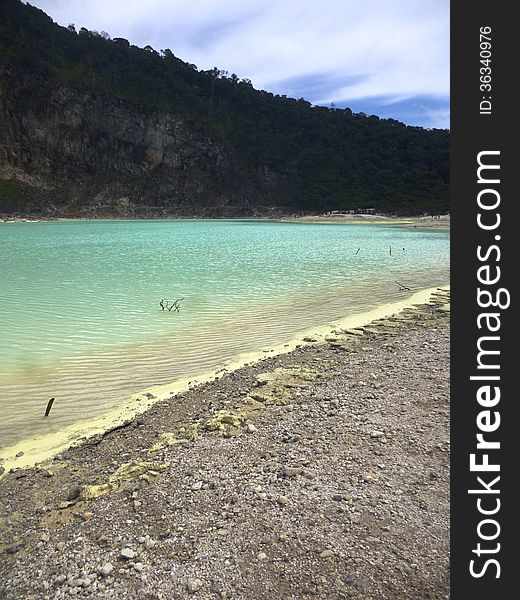 Beautiful scene and vegetation in crater Kawah Putih in ciwedey, bandung, west java