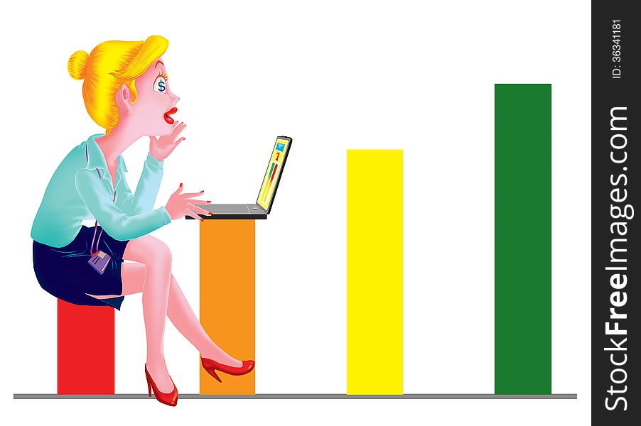 Women sit on the chart and look at the notebook. Women sit on the chart and look at the notebook.