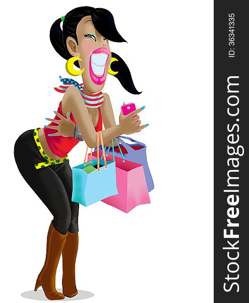 Woman holding shopping bags with her ??mobile smiling happy. Woman holding shopping bags with her ??mobile smiling happy.