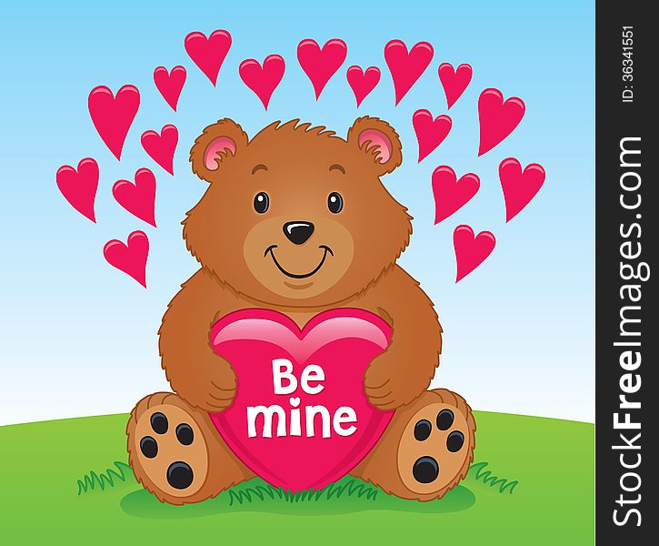 Cartoon illustration of a cute brown bear, holding a red heart with the words Be mine on it, while he is sitting on the grass and with red hearts around him in the sky. Cartoon illustration of a cute brown bear, holding a red heart with the words Be mine on it, while he is sitting on the grass and with red hearts around him in the sky.
