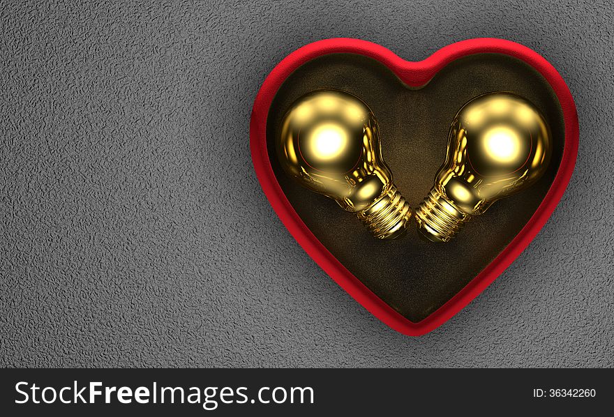 Golden ideas for Saint Valentine's Day's present. Golden light bulbs in red heart-shaped box on grey background. Golden ideas for Saint Valentine's Day's present. Golden light bulbs in red heart-shaped box on grey background