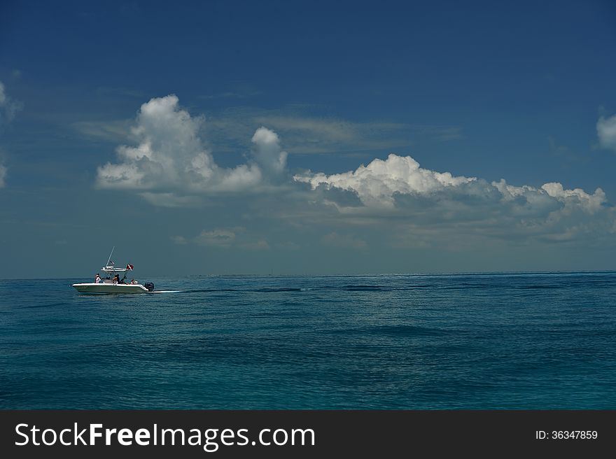 Small scuba boat at tropical waters of Key West, FL