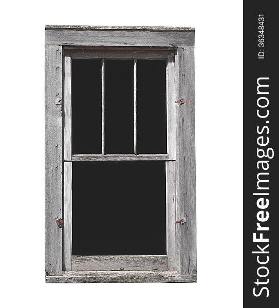Old weathered gray wood window with no glass. Isolated on white. Old weathered gray wood window with no glass. Isolated on white.
