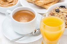 Freshly Brewed Espresso, Orange Juice And Muesli For Breakfast Stock Image Freshly Brewed Espresso, Orange Juice And Muesli For Breakfast Stock Image