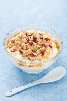 Homemade Natural Yogurt With Maple Syrup, Granola Stock Photography