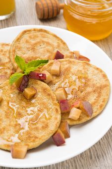 Homemade Pancakes With Peaches And Honey For Breakfast, Vertical Stock Photo Homemade Pancakes With Peaches And Honey For Breakfast, Vertical Stock Photo