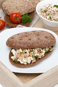 Sandwich Of Rye Bread With Tuna And Homemade Cheese Royalty Free Stock Photography