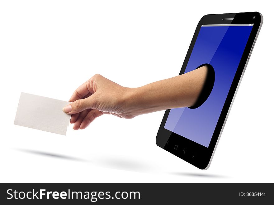 Woman Hand Give a Blank Card over Smartphone