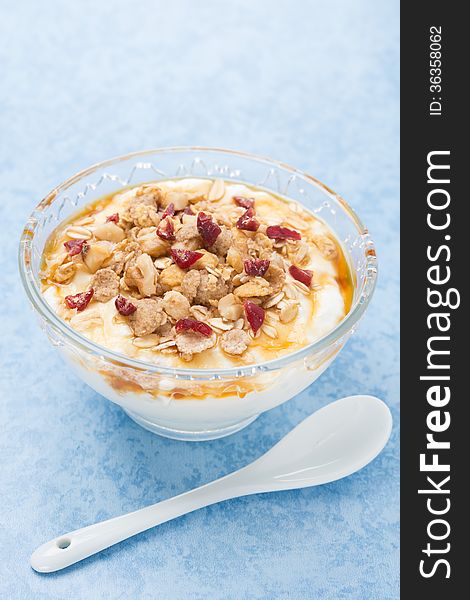 Homemade natural yogurt with maple syrup, granola and dried cranberries in a bowl, vertical