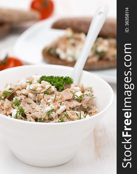 Pate with tuna, homemade cheese and dill in a bowl
