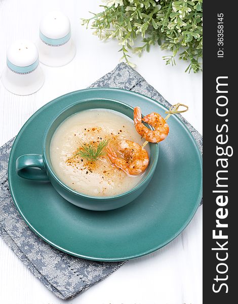 Potato Cream Soup With Glazed Shrimp On A Skewer