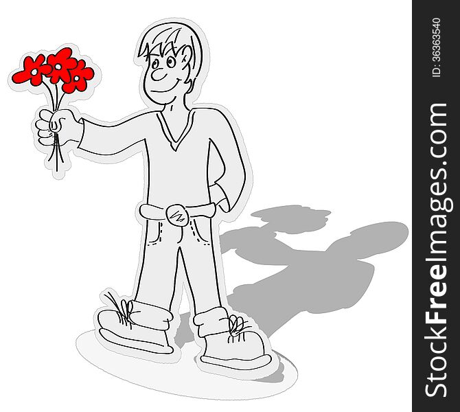 A paper boy offering a bouquet.