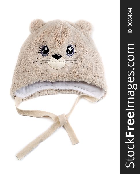 Children's fur cap with a pattern. Isolate on white background. Children's fur cap with a pattern. Isolate on white background.