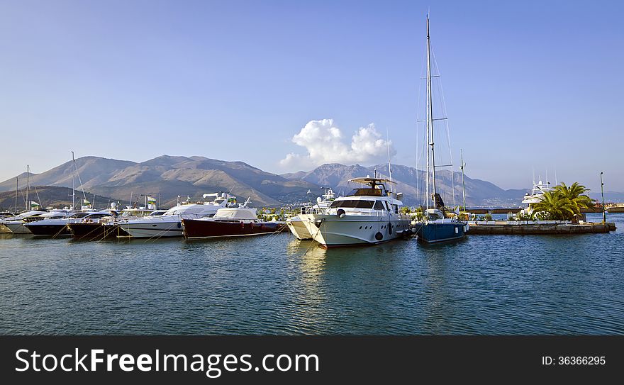 Large view of anchored boats and yachts in Gulf of Gaeta, Lazio, southern Italy. Large view of anchored boats and yachts in Gulf of Gaeta, Lazio, southern Italy.