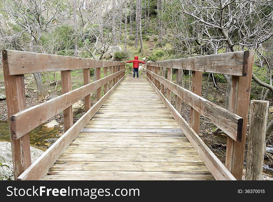 A child crossing a wooden bridge in the woods in winter. A child crossing a wooden bridge in the woods in winter.