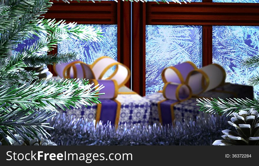 New Years Gift With Open Window  Sale Background