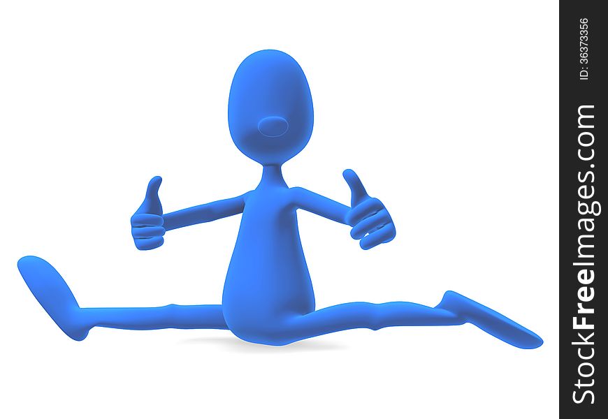 3d model athletic man sitting and looking at the camera, showing their stretching and holding his thumb up