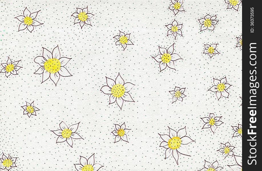 Textured background of flowers with white petals and yellow center, green dots. Textured background of flowers with white petals and yellow center, green dots.