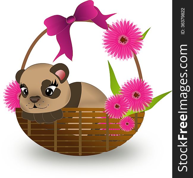 Brown bear in brown basket decorated with pink ribbon and gerberas. Brown bear in brown basket decorated with pink ribbon and gerberas