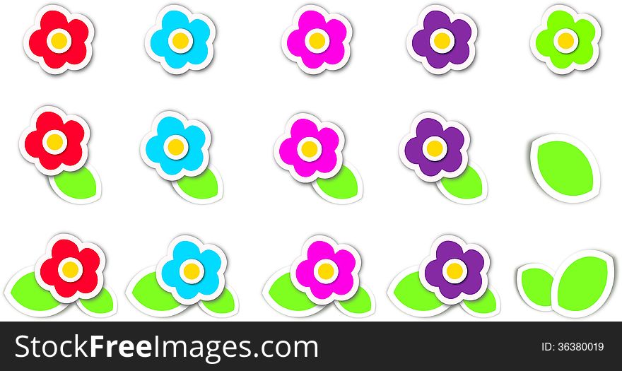 Set of different flowers with leaves in pink, purple, red and blue colour. Set of different flowers with leaves in pink, purple, red and blue colour