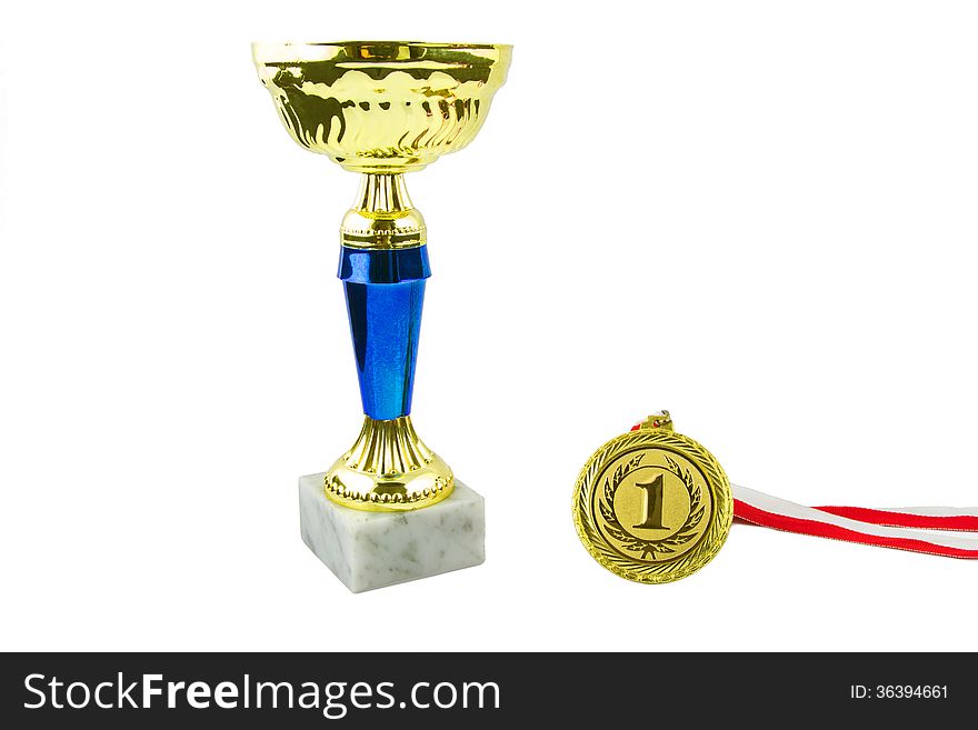 Gold trophy, white background, horizontal