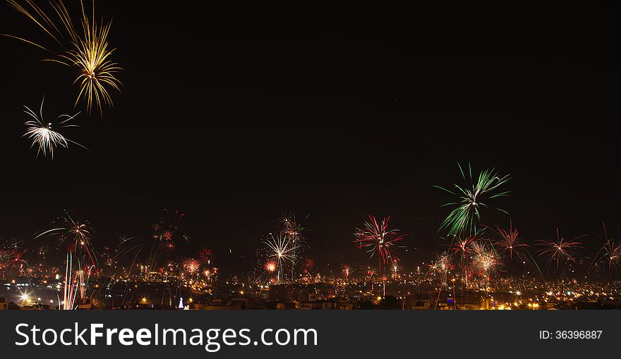 New year&#x27;s eve fireworks in the city of Arequipa, Peru.