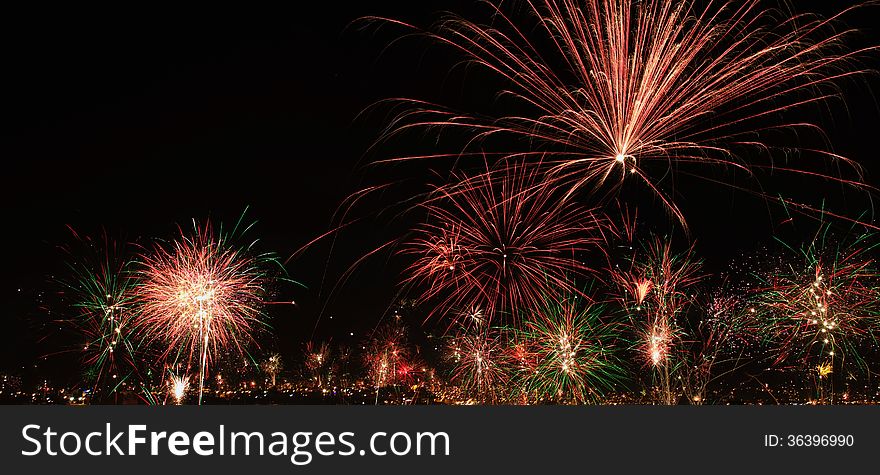 New year's eve fireworks in the city of Arequipa, Peru. Panorama view of that event. New year's eve fireworks in the city of Arequipa, Peru. Panorama view of that event