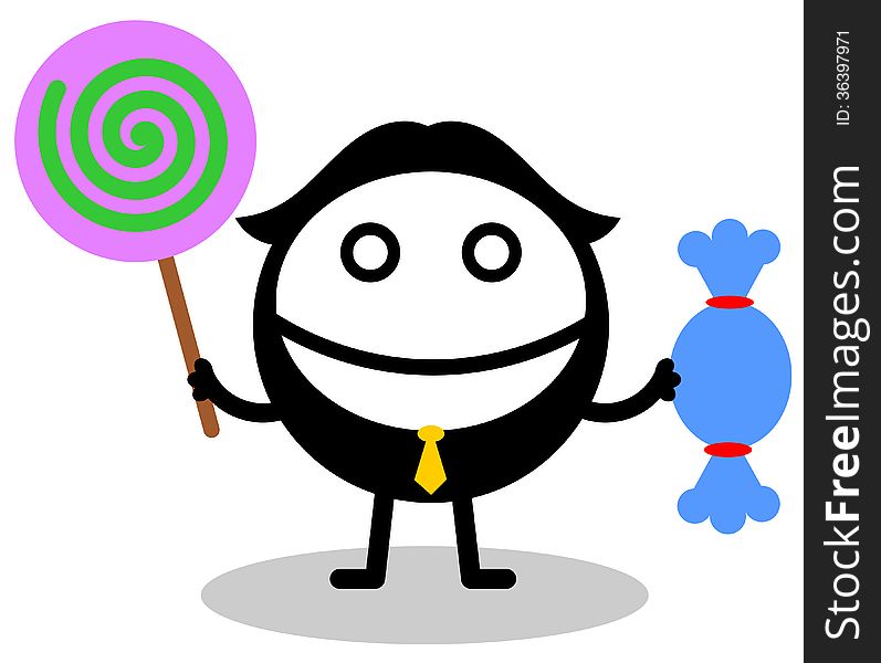 A cartoon business man holding a lollipop and a candy. A cartoon business man holding a lollipop and a candy