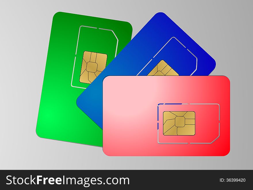 Sim cards on white background, three color. Sim cards on white background, three color