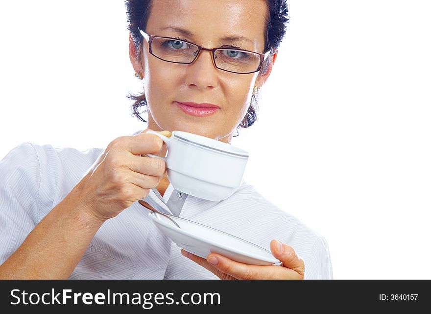 Portrait of a woman drinking coffee on white background. Portrait of a woman drinking coffee on white background