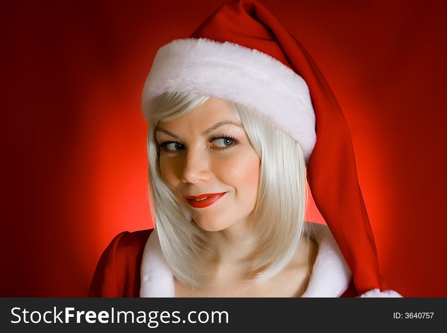 Christmas girl on red Background
