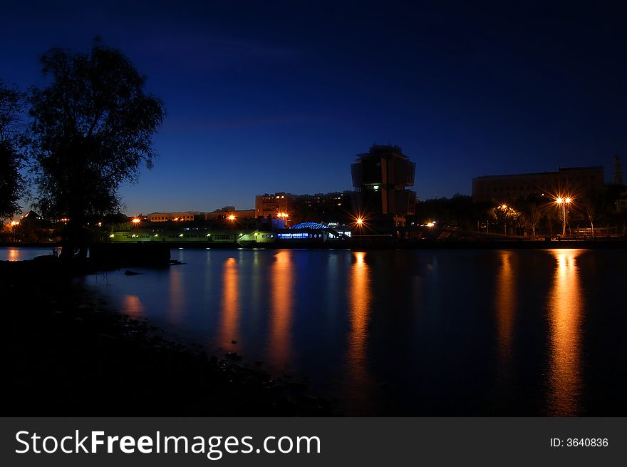 Reflection of night quay.  Russia. Rostov-on-Don