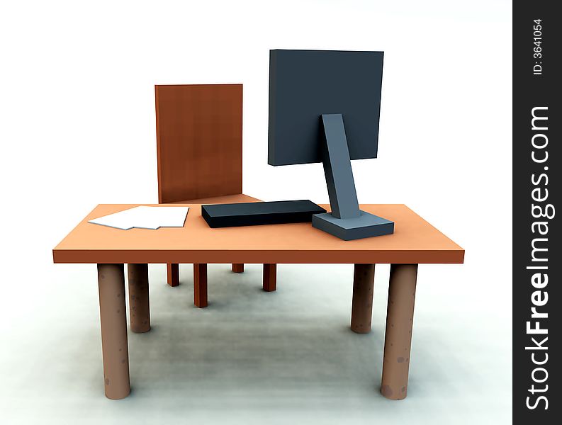 An image of a It office/work environment, it contains a desk with a chair and a computer with keyboard and paper. An image of a It office/work environment, it contains a desk with a chair and a computer with keyboard and paper.