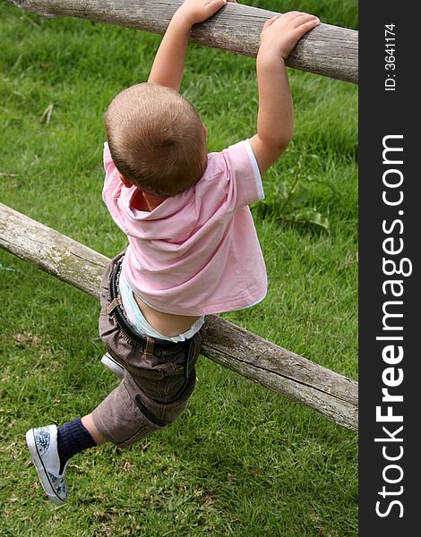 Young boy climbing on wooden fencing on a farm. Young boy climbing on wooden fencing on a farm