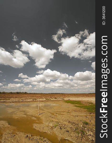 Small pool of water on dried land