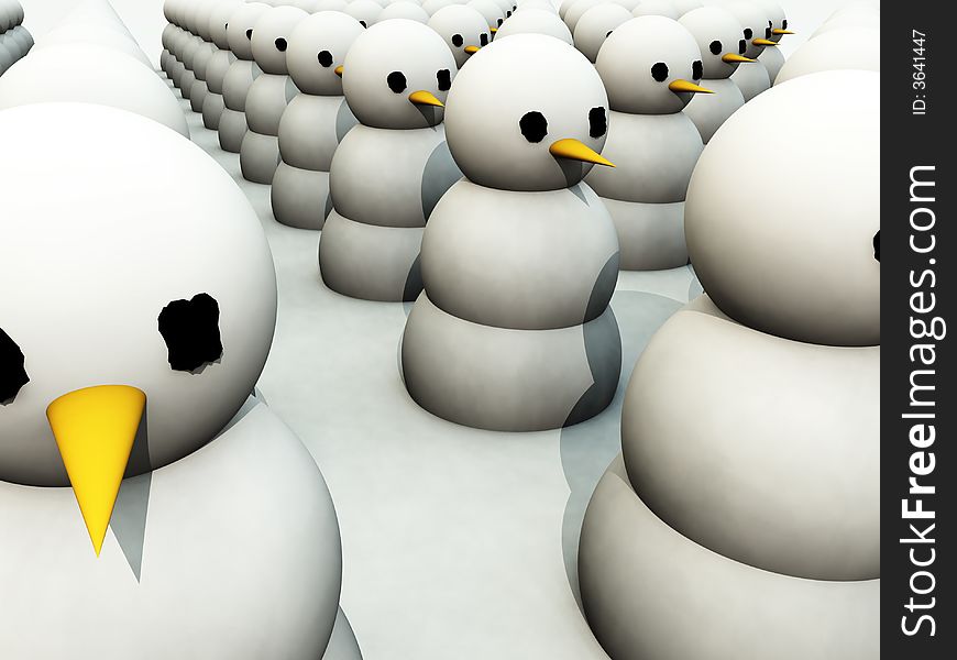A computer created Christmas scene of a army of cloned snowman. A computer created Christmas scene of a army of cloned snowman.