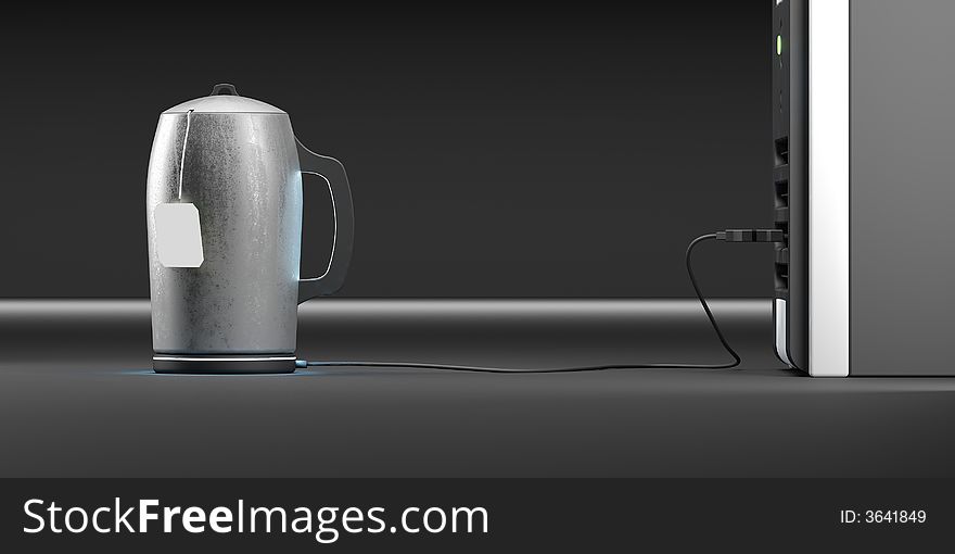 Digital model of teapot, connected to a CPU through USB cordle. Digital model of teapot, connected to a CPU through USB cordle