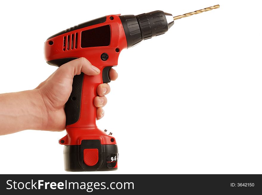 Hand holding a cordless drill isolated against white background