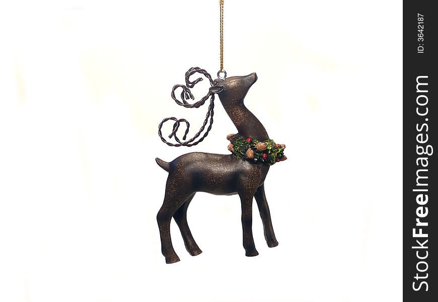 Christmas reindeer ornament hanging in isolated white background