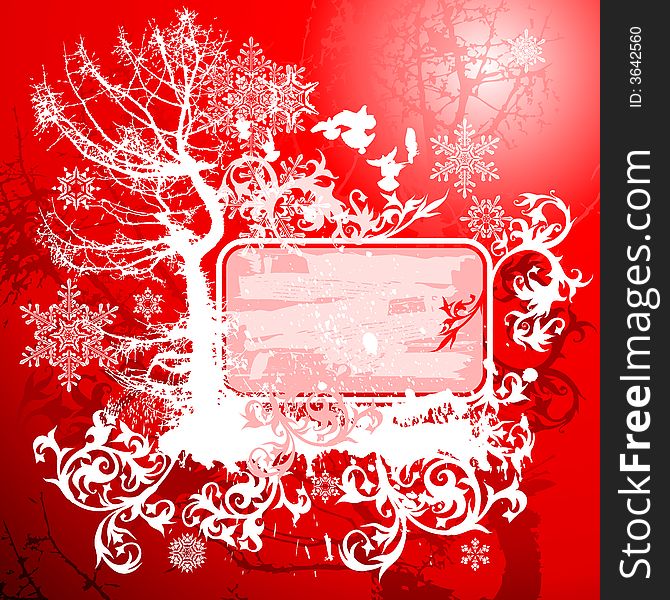 Vector snowflakes on red grunge floral background with tree, birds and frame. Vector snowflakes on red grunge floral background with tree, birds and frame