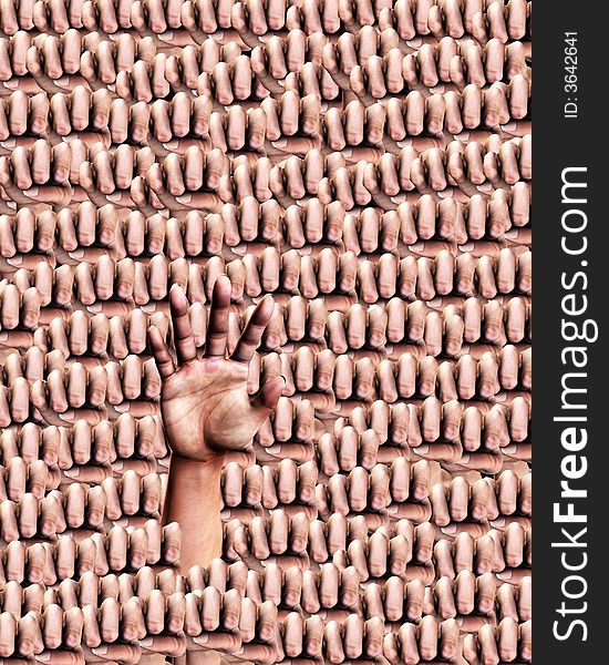 A background pattern full of hands, whilst the outreaching hand could represent the concepts of individuality, nonconformity or voting. A background pattern full of hands, whilst the outreaching hand could represent the concepts of individuality, nonconformity or voting.