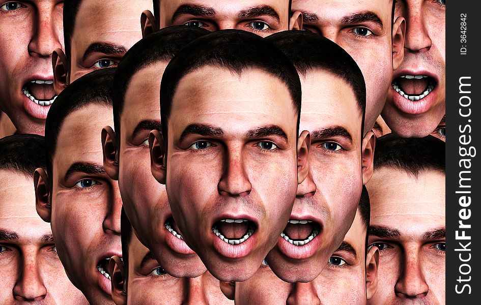 A conceptual image of a lot of cloned men in a state of fear. A conceptual image of a lot of cloned men in a state of fear.