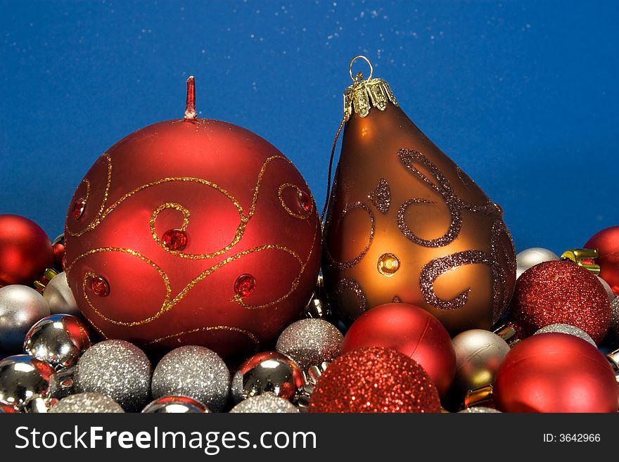 Beautiful christmas globes collection on blue background. Beautiful christmas globes collection on blue background