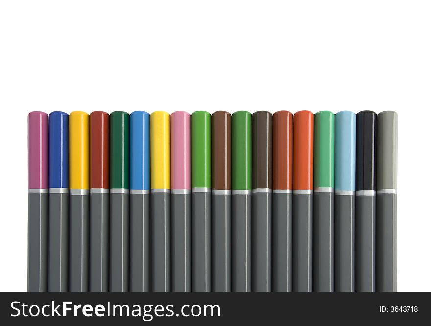 Row of Multi Coloured Pencils Isolated against White Background
